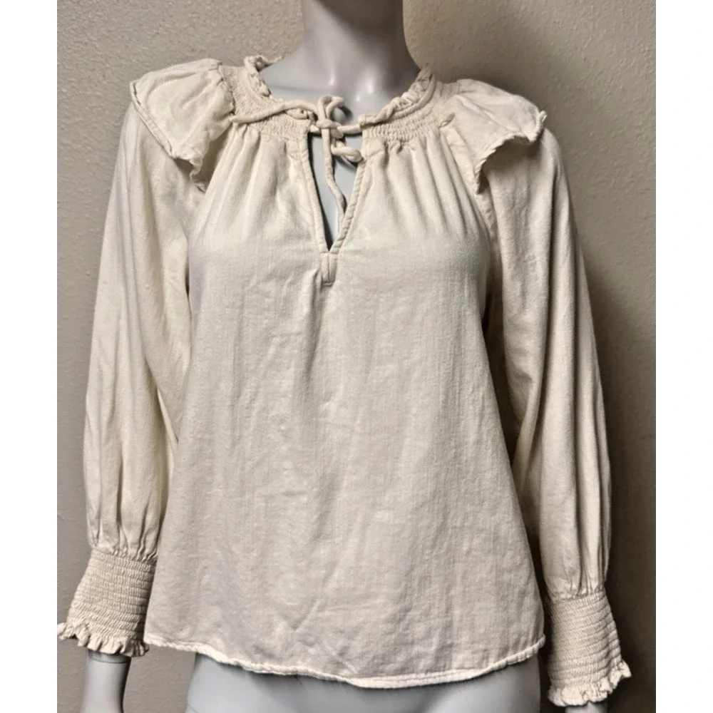 Womens Top Cosplay Ren Fair Puff Long Sleeve Tie Front Ruffle Smocked Peasant SM